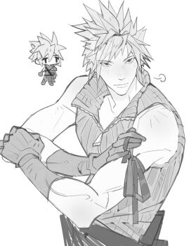 1boy arm_up bare_shoulders chibi chibi_inset closed_mouth cloud_strife final_fantasy final_fantasy_vii final_fantasy_vii_advent_children gloves grey_vest greyscale highres looking_at_viewer male_focus mmmckayyy monochrome short_hair solo spiked_hair toned toned_male upper_body vest waist_cape white_background