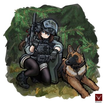 Rule 34 | 1girl, ammunition pouch, black gloves, black shoes, black thighhighs, blue eyes, brown hair, bulletproof vest, combat helmet, commentary, commission, crossed bangs, dog, english commentary, face shield, flashlight, german shepherd, gloves, grass, grey jacket, gun, h&amp;k mp7, hair ribbon, helmet, highres, holding, holding weapon, jacket, laser sight, long hair, looking at viewer, magazine (weapon), on one knee, optical sight, original, outdoors, phone, pouch, red ribbon, rennn (ilobeste), ribbon, shield, shoes, short shorts, shorts, smile, solo, submachine gun, suppressor, termichan (not-a-bot), thighhighs, tree, trigger discipline, vertical foregrip, weapon