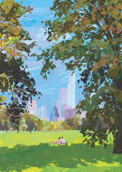 1boy 1girl artist_name blue_pants blue_sky bottle brown_hair chinese_commentary cloud commentary_request couple day dress faceless faceless_female faceless_male field food fruit fruit_background full_body hetero highres holding holding_food holding_ice_cream holding_ice_cream_cone huahua_de_taoran ice_cream ice_cream_cone long_dress long_hair on_blanket original outdoors pants park picnic pink_dress plate shade shirt short_hair short_sleeves sitting sky t-shirt tree watermelon watermelon_slice white_shirt wide_shot wine_bottle