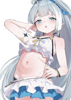 1girl bare_shoulders bikini blue_eyes blush bracelet breasts esearu female_tyrant_(stella_sora) grey_hair hairband high_ponytail highres jewelry long_hair miniskirt navel open_mouth pointy_ears ponytail skirt small_breasts solo stella_sora swimsuit tyrant_(stella_sora) very_long_hair white_bikini