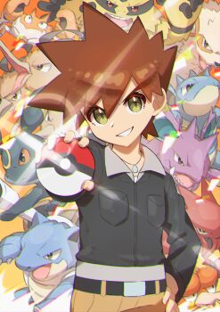 1boy absurdres arcanine belt belt_buckle black_jacket blastoise brown_hair buckle commentary_request dodrio electivire gary_oak gen_1_pokemon gen_2_pokemon gen_4_pokemon glint green_eyes hair_between_eyes hand_on_own_hip head_tilt highres holding holding_poke_ball jacket jewelry krabby looking_at_viewer magmar male_focus necklace nidoking nidoqueen nintendo pants poke_ball poke_ball_(basic) pokemon pokemon_(anime) pokemon_(creature) pokemon_journeys scizor shirt smile spiked_hair taisa_(lovemokunae) umbreon white_shirt