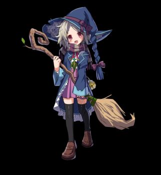 1girl black_background black_thighhighs blue_hat blue_robe blush_stickers bow brown_hair brown_shoes flat_chest full_body hat hat_bow high-waist_skirt highres holding holding_staff large_hat loafers long_sleeves merc_storia merc_storia_art_team official_art open_mouth parted_bangs pink_eyes purple_skirt red_ribbon ribbon robe shirt shoes simple_background skirt smile solo staff standing tachi-e tareme thighhighs white_shirt wide_sleeves witch witch_hat yulue_(merc_storia)