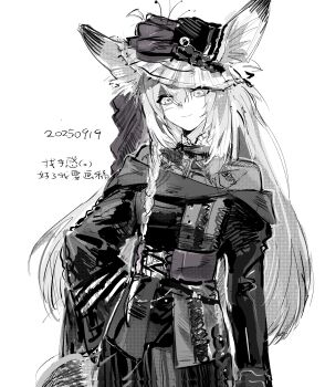 1girl ambience_synesthesia animal_ears arknights chinese_commentary closed_mouth commentary_request cowboy_shot dated dress eyes_visible_through_hair facial_scar greyscale hair_between_eyes hand_on_own_hip hat highres light_smile long_hair long_sleeves looking_at_viewer monochrome official_alternate_costume pinglun_luobo_te scar scar_on_cheek scar_on_face simple_background solo standing vulpisfoglia_(arknights) white_background