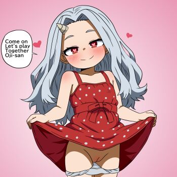 1girl absurdres assertive_female blush boku_no_hero_academia cleft_of_venus closed_mouth clothes_lift cowboy_shot dress dress_lift english_text eri_(boku_no_hero_academia) grey_hair hanakaji_(yuuchanto) heart heart-shaped_pupils highres horns leg_lift lifting_own_clothes loli long_hair looking_at_viewer panties panties_around_thighs panty_pull pink_background polka_dot polka_dot_dress pussy red_dress red_eyes simple_background single_horn sleeveless sleeveless_dress smile smug solo speech_bubble standing symbol-shaped_pupils uncensored underwear white_panties