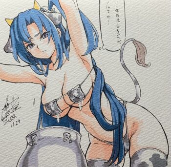 1girl alternate_breast_size_(larger) animal_ears animal_print armpits bikini blue_eyes blue_hair breasts canister cleavage cototiworld covered_erect_nipples cow_ears cow_horns cow_print cow_print_bikini cow_print_thighhighs cow_tail dated eyepatch_bikini fake_animal_ears fake_horns fake_tail groin highres horns kazanari_tsubasa lactation long_hair photo_(medium) print_bikini print_thighhighs senki_zesshou_symphogear signature solo speech_bubble swimsuit tail thighhighs thought_bubble traditional_media very_long_hair