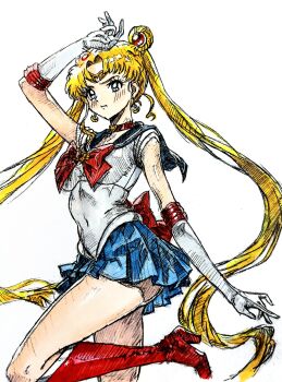 1girl absurdres arm_up back_bow bishoujo_senshi_sailor_moon blonde_hair blue_sailor_collar blue_skirt boots bow bowtie breasts choker colored_pencil_(medium) commentary_request covered_navel crescent crescent_earrings double_bun earrings elbow_gloves gloves hair_bun high_heel_boots high_heels highres i4teruz jewelry knee_boots long_hair magical_girl pleated_skirt red_boots red_bow red_bowtie red_choker sailor_collar sailor_moon sailor_senshi sailor_senshi_uniform simple_background skirt solo standing standing_on_one_leg thighs traditional_media tsukino_usagi twintails white_background white_gloves