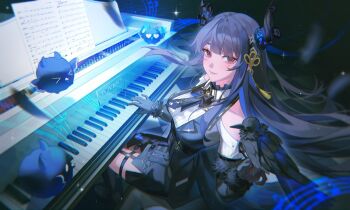 Rule 34 | > <, 1girl, asymmetrical horns, bird, black flower, black gloves, black hair, black horns, black jacket, black skirt, black sleeves, blue hair, breasts, closed eyes, closed mouth, clothing cutout, collared shirt, colored inner hair, commentary, crow, demon horns, detached sleeves, english commentary, floating hair, flower, gloves, grand piano, hair ornament, heart, heart-shaped eyes, highres, hololive, hololive english, horn flower, horns, instrument, jacket, jailbird (nerissa ravencroft), large breasts, long hair, looking at viewer, mole, mole under eye, multicolored hair, musical staff, nerissa ravencroft, nerissa ravencroft (1st costume), piano, red eyes, shadow (nerissa ravencroft), sheet music, shirt, shoulder cutout, sitting, skirt, solo, sparkle, tassel, tassel hair ornament, two-tone hair, uneven horns, very long hair, virtual youtuber, white shirt, xiisalt