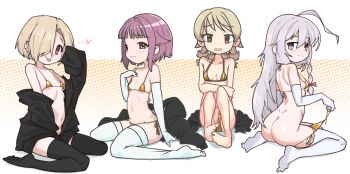4girls :p ahoge alternate_costume ass barefoot bikini bikini_bottom_pull black_hoodie blonde_hair blush bottomless braid breasts brown_eyes clothes_pull drawfag ear_piercing elbow_gloves embarrassed facing_away flat_chest full_body furrowed_brow gloves gold_bikini grey_eyes grey_hair hair_flaps hair_intakes hair_over_one_eye hand_on_own_arm hand_on_own_chest hand_up heart highres hood hoodie hoshi_syoko huge_ahoge idolmaster idolmaster_cinderella_girls kneeling koshimizu_sachiko loli looking_at_viewer looking_back morikubo_nono multiple_girls navel open_mouth piercing pulling_own_clothes purple_hair red_eyes ringlets shirasaka_koume short_hair side_braid single_braid sitting sleeves_past_fingers sleeves_past_wrists small_breasts smile swimsuit thighhighs tongue tongue_out wariza white_gloves white_thighhighs