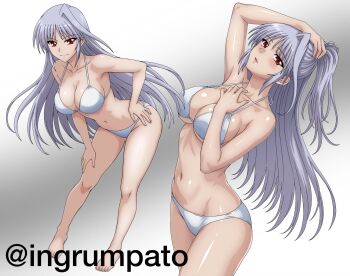 1girl artist_name bent_over bikini breasts cleavage closed_mouth collar commentary_request cowboy_shot floating_hair gradient_background grey_background grey_hair halterneck hand_on_own_chest hand_on_own_head hand_on_own_hip hand_on_own_thigh highres kyomeihibiki large_breasts long_hair looking_at_viewer lyrical_nanoha mahou_shoujo_lyrical_nanoha mahou_shoujo_lyrical_nanoha_a's multiple_views navel parted_bangs parted_lips red_eyes reinforce sideboob single_hair_intake smile solo stomach swimsuit twitter_username two-tone_background underboob white_background white_bikini wispy_bangs