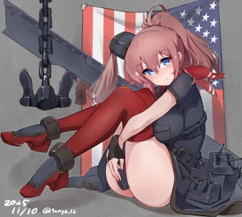 1girl absurdres american_flag anchor ass black_dress black_gloves blue_eyes breast_pocket breasts brown_hair dress fingerless_gloves gloves hair_between_eyes high_side_ponytail highres kantai_collection large_breasts long_hair looking_at_viewer neckerchief pocket ponytail red_neckerchief red_thighhighs rigging saratoga_(kancolle) saratoga_kai_(kancolle) side_ponytail sidelocks sitting smokestack smokestack_hair_ornament solo tanyou thighhighs