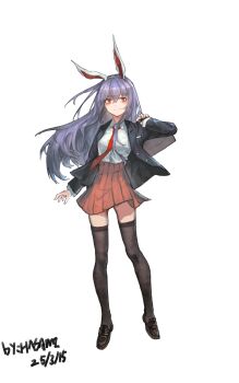 1girl absurdres animal_ears arm_at_side artist_name bag black_bag black_jacket black_shoes black_thighhighs blazer closed_mouth collared_shirt commentary dated dress_shirt full_body hair_between_eyes highres holding holding_bag hua_ha_jiazi jacket lapel_pin loafers long_hair looking_at_viewer miniskirt necktie open_clothes open_jacket pleated_skirt purple_hair rabbit_ears rabbit_girl red_eyes red_necktie red_skirt reisen_udongein_inaba school_bag school_uniform shirt shirt_tucked_in shoes simple_background skirt smile solo standing symbol-only_commentary thighhighs touhou white_background white_shirt