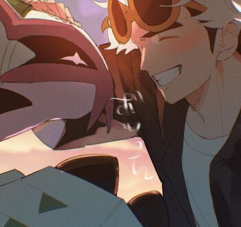 1boy black_hair black_jacket closed_eyes commentary_request crew_neck eyewear_on_head gen_7_pokemon golisopod grin guzma_(pokemon) hand_on_another&#039;s_head jacket karakurenai4920 male_focus medium_sideburns multicolored_hair nintendo open_clothes open_jacket pokemon pokemon_(creature) pokemon_sm shirt short_hair smile sunglasses teeth two-tone_hair white_hair white_shirt yellow-framed_eyewear