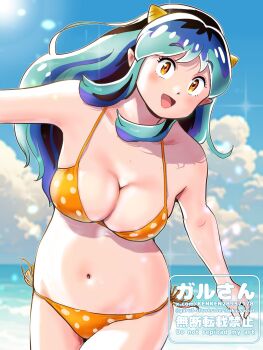 1girl bikini blue_sky breasts cleavage cloud day green_hair highres horns kenken28937178 large_breasts looking_at_viewer lum navel oni open_mouth sky smile solo swimsuit urusei_yatsura yellow_eyes