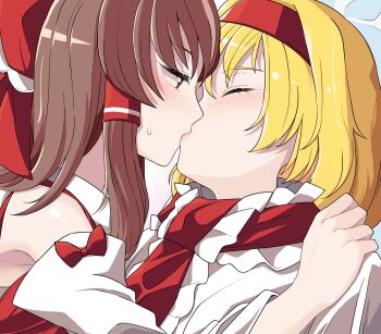 2girls alice_margatroid bare_shoulders blonde_hair bow brown_hair closed_eyes commentary detached_sleeves from_side hair_bow hairband hakurei_reimu hand_on_another&#039;s_shoulder highres kiss looking_at_another multiple_girls nontraditional_miko red_hairband red_shirt sei_(kaien_kien) shirt short_hair sleeve_bow sleeveless sleeveless_shirt touhou upper_body yuri