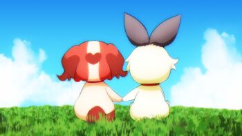 1boy 1girl @est@ absurdres animalization back brown_fur cloud cloudy_sky commentary_request dog grass highres holding_hands inukai_iroha inukai_iroha_(dog)_(@est@) no_humans outdoors precure rabbit shih_tzu sitting sky toyama_satoru toyama_satoru_(rabbit)_(@est@) white_fur wonderful_precure!