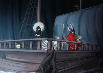 Rule 34 | 3girls, @ @, alternate costume, bare shoulders, black skin, boopie, breasts, brown shirt, cleavage, colored skin, dizzy, dress, grey dress, grey hair, highres, holding, holding weapon, hollow knight, hollow knight: silksong, hornet (hollow knight), horns, jacket, lace (hollow knight), long sleeves, medium breasts, multiple girls, needle (hollow knight), pirate costume, red jacket, shakra (hollow knight), sherma (hollow knight), ship, shirt, standing, watercraft, weapon, white eyes