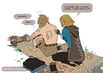 1boy 1girl absurdres bandaged_arm bandaged_foot bandaged_leg bandaged_torso bandages bandaid bandaid_on_shoulder barefoot black_gloves black_pants blue_shirt braid breasts crown_braid earrings english_text fingerless_gloves folded_clothes full_body gauze gloves gold_trim grey_cloak grey_pants hair_ornament hairclip hand_on_wound healing highres holding_cloth hugging_own_legs injury jewelry juliet_sleeves kneeling link long_hair long_sleeves medium_breasts nintendo no_shoes pants parted_bangs pointy_ears princess_zelda puffy_sleeves pyonteo rug shirt short_hair sidelocks sitting the_legend_of_zelda the_legend_of_zelda:_breath_of_the_wild the_legend_of_zelda:_tears_of_the_kingdom toeless_legwear topless_male twintails white_background