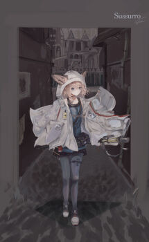1girl absurdres animal_ears arknights bare_shoulders blue_eyes brown_hair character_name choker closed_mouth commentary_request dress ears_through_headwear fox_ears fox_girl highres hood hood_up hooded_jacket jacket material_growth off_shoulder oripathy_lesion_(arknights) pantyhose partial_commentary short_dress short_hair solo staff sussurro_(arknights) vea_(v_ea_) white_jacket