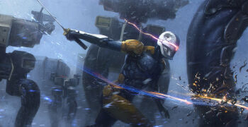 1boy armor bgm-71_tow browning_m2 concept_art cyborg dennis_chan drone fire gecko_(metal_gear) gray_fox_(metal_gear) gun heavy_machine_gun konami machine_gun mecha metal_gear_(series) metal_gear_solid metal_gear_solid_(film) missile_launcher night official_art power_armor power_suit robot science_fiction sparks sword unmanned_ground_vehicle war weapon