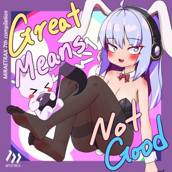 1girl absurdres animal_ears blue_eyes blue_hair blush bow bowtie collar cuffs feet hair_between_eyes headphones heart heart-shaped_pupils highres kuro_ronlo logo long_hair looking_to_the_side purple_hair rabbit rabbit_ears rabbit_tail smile solo stuffed_toy symbol-shaped_pupils thighhighs tooth