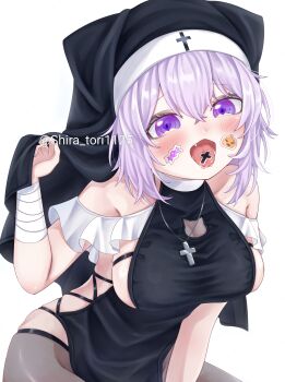 1girl absurdres alternate_costume animal_ears black_dress black_hat black_thighhighs blush breasts cat_ears cat_girl cross cross_necklace dress fang hat highres hololive jewelry large_breasts looking_at_viewer necklace nekomata_okayu nun open_mouth purple_eyes purple_hair shiratori_(atfs8447) solo sticker sticker_on_face thighhighs virtual_youtuber white_background