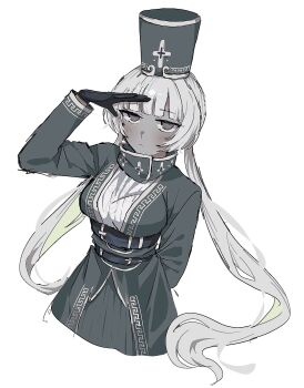 1girl arm_behind_back belt black_gloves black_hat blush breasts charon_(project_moon) dark-skinned_female dark_skin gloves grey_eyes grey_hair hat highres jitome large_breasts limbus_company long_hair project_moon salute simple_background solo standing very_long_hair white_background xxed_h