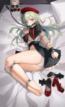 1girl absurdres arms_behind_back ascot ave_mujica_(bang_dream!) ball_gag bang_dream! bang_dream!_it&#039;s_mygo!!!!! bare_legs barefoot bdsm bed beret black_capelet bondage bound bound_ankles bound_arms bound_legs bound_toes bound_wrists capelet character_doll chuck_(harfmoondark) collar doll drooling female_focus full_body gag gagged green_hair hat highres jewelry leash legs_together looking_at_viewer lying mary_janes mortis_(bang_dream!) mortis_(costume)_(bang_dream!) no_pants on_bed on_side panties pillow puppet_strings red_hat red_shoes saliva saliva_trail see-through_clothes see-through_sleeves shoes slave socks solo underwear unworn_shoes unworn_socks wakaba_mutsumi wakaba_mutsumi_(doll) yellow_eyes