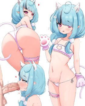 1boy 1girl absurdres ahoge animal_ears animal_hands asymmetrical_bangs bent_over black_streaks boosauce03 cameltoe cat_ears cat_lingerie cat_paws cat_tail fake_animal_ears fellatio flat_chest hair_ornament heart highres hip_bones indie_virtual_youtuber leaning_forward lipstick_mark lipstick_mark_on_penis loli low_twintails multiple_views navel oral panties pink_eyes pointy_ears side-tie_panties tail thigh_strap twintails underwear virtual_youtuber zenya_hima