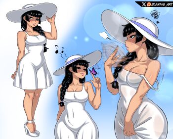 1girl absurdres adjusting_clothes adjusting_headwear artist_name bad_id bad_twitter_id bare_legs black_hair blannis blue_background blush braid braided_ponytail breasts bug butterfly cleavage collarbone covered_navel dress fanning_self female_focus full_body genderswap genderswap_(mtf) hair_over_shoulder hat high_heels highres index_finger_raised insect invincible_(series) long_hair looking_at_viewer low-braided_long_hair low-tied_long_hair mark_grayson medium_breasts multiple_views off_shoulder parted_lips pink_lips shoes simple_background sleeveless sleeveless_dress smile solo stiletto_heels strappy_heels sun_hat sundress thick_lips white_dress white_hat white_shoes
