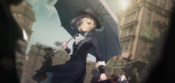 1girl 6+others black_coat black_headwear black_umbrella black_vest blonde_hair blue_bow blue_sky blurry blurry_background blurry_foreground boater_hat bow building case coat collared_shirt cowboy_shot dutch_angle european_architecture grey_eyes hair_bun hat hat_bow highres holding holding_case holding_umbrella ascot long_sleeves looking_to_the_side multiple_others official_art outdoors parted_lips reverse:1999 shirt single_side_bun sky solo_focus sunlight swept_bangs umbrella vertin_(reverse:1999) vest white_ascot white_shirt