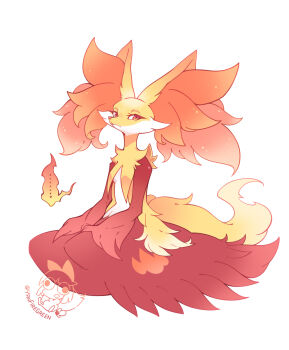 ... closed_mouth commentary_request delphox eyelashes full_body gen_6_pokemon highres looking_at_viewer nintendo own_hands_together pokemon pokemon_(creature) sitting solo spoken_ellipsis white_background yan531 yellow_fur