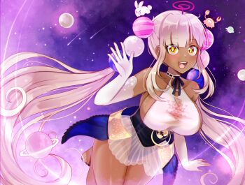 Rule 34 | 1girl, :d, bare shoulders, barefoot, black corset, blush, breasts, collarbone, commentary, corset, dark-skinned female, dark skin, dress, elbow gloves, english commentary, gloves, hair ornament, hololive, hololive english, huge breasts, kaniko (tsukumo sana), limiter (tsukumo sana), long hair, open mouth, pink hair, planet, planet hair ornament, pur orange, short dress, sideboob, sidelocks, smile, solo, space, tsukumo sana, tsukumo sana (1st costume), twintails, usaslug (tsukumo sana), very long hair, virtual youtuber, waving, white dress, white gloves, yellow eyes