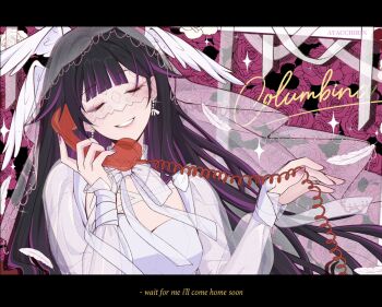 Rule 34 | 1girl, alternate costume, ayacchirin, black hair, breasts, character name, closed eyes, columbina (genshin impact), commentary, corded phone, dress, english commentary, english text, eye mask, genshin impact, highres, holding, holding phone, letterboxed, long hair, long sleeves, mask, multicolored hair, phone, pink hair, sleeveless, sleeveless dress, smile, solo, streaked hair, teeth, two-tone hair, veil, white dress, white mask, white veil, white wings, wings