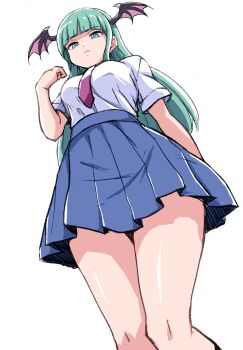 1girl alternate_costume blue_skirt breasts capcom cowboy_shot darkstalkers demon_girl demon_wings female_focus green_eyes green_hair head_wings highres ikaringo_(ikaringo4444) long_hair morrigan_aensland necktie pink_necktie pleated_skirt shirt simple_background skirt solo white_background white_shirt wings