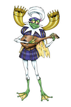 Rule 34 | 1boy, bard, digimon, digimon (creature), frog, gekomon, hat, hat feather, highres, holding, holding instrument, instrument, lute (instrument), oridigi, original, sabedile, solo