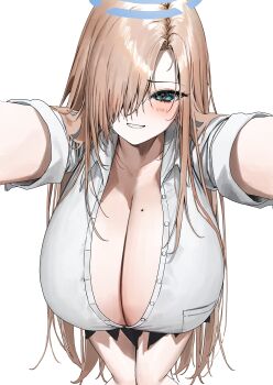 1girl :d absurdres aqua_eyes asuna_(blue_archive) black_skirt blonde_hair blue_archive blue_halo blush breasts cleavage hair_over_one_eye halo highres huge_breasts leaning_forward long_hair looking_at_viewer mole mole_on_breast open_mouth outstretched_arms partially_unbuttoned poharo shirt short_sleeves simple_background skirt smile solo white_background white_shirt