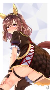 1girl absurdres animal_ears ass asymmetrical_footwear asymmetrical_legwear blush braid breasts brown_hair brown_jacket brown_skirt buena_vista_(heroina_inocente)_(umamusume) buena_vista_(umamusume) checkered_collar checkered_hairband closed_mouth commentary_request ear_covers full_body garter_straps hair_between_eyes hair_ornament hairband headband highres horse_ears horse_girl horse_tail jacket looking_at_viewer looking_back medium_hair mismatched_footwear pout purple_eyes short_sleeves simple_background single_thighhigh skirt solo sweatdrop tail thigh_strap thighhighs umamusume uneven_legwear white_background white_skirt yashimo_1875