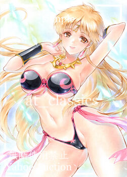 1girl arm_behind_head arm_guards at_classics bikini black_bikini blonde_hair blue_background breasts brown_eyes cameltoe circlet cleavage commentary_request cowboy_shot dragon_quest dragon_quest_dai_no_daibouken earrings floating_hair gluteal_fold gold_circlet jewelry large_breasts long_hair midriff navel necklace official_alternate_costume pink_trim princess_leona sample_watermark sideboob solo strapless strapless_bikini swimsuit teardrop_earrings traditional_media underboob watermark