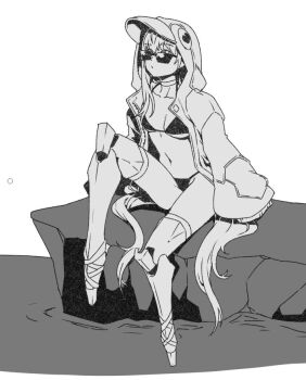 1girl animal_hood bikini bow breasts choker commentary_request fate/grand_order fate_(series) greyscale hood hood_up jacket korean_commentary long_hair long_sleeves meltryllis meltryllis_(fate) meltryllis_(swimsuit_lancer)_(fate) meltryllis_(swimsuit_lancer)_(first_ascension)_(fate) minew monochrome penguin_hood prosthesis prosthetic_leg sitting sleeves_past_fingers sleeves_past_wrists small_breasts solo sunglasses swimsuit very_long_hair