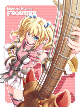 Rule 34 | bass guitar, blonde hair, blue eyes, blush, capcom, detached sleeves, geisya, hunting horn, instrument, monster hunter (series), monster hunter frontier, rioduo (armor), skirt, solo, twintails