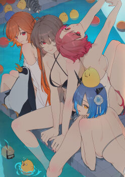 4girls absurdres animal animal_on_head azur_lane bare_shoulders beach bikini bird blue_hair breasts brown_bikini brown_hair cat cleavage clemenceau_(azur_lane) commentary_request flower gascogne_(azur_lane) gascogne_(tropical_environs_acclimation_service_equipment)_(azur_lane) grey_cat hair_flower hair_ornament hatski.sin highres jean_bart_(azur_lane) jean_bart_(private_apres_midi)_(azur_lane) long_hair looking_at_viewer manjuu_(azur_lane) mechanical_ears medium_breasts micro_shorts multiple_girls official_alternate_costume on_head orange_hair penguin purple_hair red_eyes richelieu_(azur_lane) richelieu_(fleuron_of_the_waves)_(azur_lane) rose shorts sitting swimsuit water white_bikini white_flower white_rose yellow_eyes