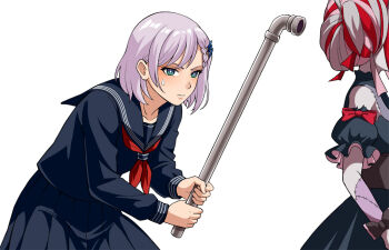 2girls black_dress blue_eyes blue_sailor_collar blue_shirt blue_skirt closed_mouth colored_skin commentary cosplay double_bun dress grey_hair grey_skin hair_bun haryu holding holding_lead_pipe hololive hololive_indonesia kureiji_ollie kureiji_ollie_(1st_costume) lead_pipe long_sleeves multicolored_hair multiple_girls neckerchief patchwork_skin pavolia_reine pleated_skirt puffy_short_sleeves puffy_sleeves red_hair red_neckerchief sailor_collar school_uniform shimizu_hinako shimizu_hinako_(cosplay) shirt short_hair short_sleeves silent_hill_(series) silent_hill_f simple_background skirt standing sweat swept_bangs symbol-only_commentary torn_clothes torn_dress virtual_youtuber white_background