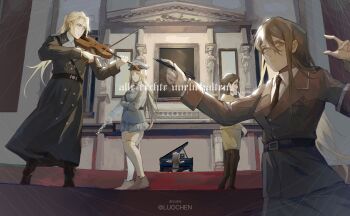 5girls absurdres albert_speer artist_name blonde_hair blue_eyes bow_(music) breasts brown_eyes brown_hair brown_necktie brown_pantyhose brown_shirt brown_skirt chinese_commentary commentary_request dress genderswap genderswap_(mtf) grey_dress grey_shirt grey_shoes grey_skirt hat hearts_of_iron heinrich_luitpold_himmler hermann_wilhelm_goering highres holding holding_instrument holding_pen holding_violin instrument long_hair long_sleeves martin_ludwig_bormann medium_breasts military_uniform multiple_girls music nazi necktie pantyhose peaked_cap pen playing_instrument playing_piano reinhard_tristan_eugen_heydrich shirt shoes short_hair skirt the_new_order:_last_days_of_europe translation_request twintails user_mjrr2442 violin volkshalle