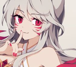 Rule 34 | 1girl, ahri (league of legends), closed mouth, facial mark, finger to mouth, fingernails, fuiyu (feuille0818), grey background, hair between eyes, immortalized legend ahri, league of legends, long hair, looking at viewer, nail polish, official alternate costume, official alternate hairstyle, portrait, red eyes, red nails, sidelocks, simple background, solo, whisker markings, white hair