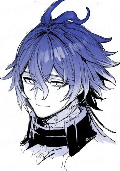 Rule 34 | 1boy, antenna hair, blue hair, closed mouth, cropped shoulders, crossed bangs, dot nose, double-parted bangs, empty eyes, flins (genshin impact), genshin impact, gradient hair, hair between eyes, highres, kazuki (ka3du6ki), looking to the side, male focus, multicolored hair, sideways glance, simple background, sketch, smile, twitter username, white background