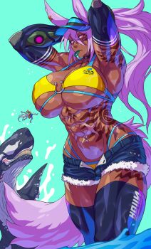 1boy 1girl abs absurdres adjusting_hair animal_ears arm_behind_head armpits arms_up bikini black_choker black_thighhighs blue_background body_markings breasts choker cleavage collarbone commentary_request covered_erect_nipples cowboy_shot curvy dantera_rina dark-skinned_female dark_skin denim denim_shorts elbow_gloves float fox_ears fox_girl fox_tail gauntlets gloves glowing glowing_eyes hair_between_eyes hat highres huge_breasts hutago in_mouth large_breasts long_hair looking_at_viewer midriff muscular muscular_female navel navel_piercing nose open_clothes open_shorts original partially_submerged piercing pink_eyes pink_hair ponytail purple_hair scar scar_across_eye scar_on_face shiny_clothes shiny_skin short_shorts shorts sidelocks simple_background skin_tight skindentation solo_focus sperm_whale standing stomach swimsuit tail tattoo thick_thighs thighhighs thighs underboob wading walking water wet whale whale_tail_(clothing) white_hair wide_hips yellow_bikini