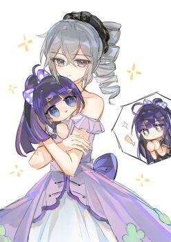 ! 2girls ahoge back_bow bare_shoulders blue_eyes blunt_bangs bow bronya_zaychik carrying carrying_person chibi chinese_commentary closed_mouth collarbone couple dress drill_hair frilled_sleeves frills grey_eyes grey_hair hair_between_eyes hair_bow hair_ornament hairclip headdress high_ponytail highres honkai_(series) honkai_impact_3rd hug huge_ahoge light_smile looking_at_viewer mini_person multicolored_eyes multiple_girls off_shoulder official_alternate_costume own_hands_together ponytail purple_bow purple_dress purple_hair qieazhibingjiling raiden_mei school_uniform shade short_sleeves spoken_character too_many_hair_ornaments twintails white_background yuri