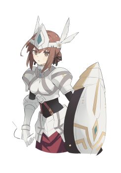 1girl armor black_bodysuit black_ribbon bodysuit breastplate brown_eyes brown_hair cropped_torso duvalie eiyuu_densetsu falcom faulds gauntlets george_man hair_bun hair_ribbon hat_feather headpiece highres holding holding_shield knight looking_at_viewer parted_lips red_skirt ribbon sen_no_kiseki sen_no_kiseki_(series) sen_no_kiseki_i sen_no_kiseki_iii shield sidelocks simple_background single_hair_bun skirt solo upper_body white_background