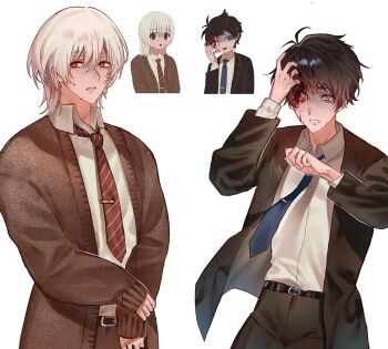 2boys akinashi_haru black_hair black_jacket black_pants black_suit blood blood_from_forehead blue_necktie brown_cardigan cardigan collared_shirt commentary cowboy_shot crying derivative_work distress dress_shirt english_commentary formal_clothes grabbing_own_hair hand_on_own_forehead highres holding holding_own_hair ichiko_pd injury jacket lapels male_focus multiple_boys necktie official_art_inset pants red_necktie saihate_eki shirt short_hair sprite_redraw suit suit_jacket sweat tatsunami_shion upper_body white_background white_hair white_shirt