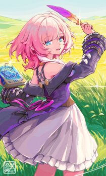 1girl as_i&#039;ve_written_(honkai:_star_rail) barine blue_eyes blue_sky book coat commentary_request cyrene_(aedes_elysiae)_(honkai:_star_rail) cyrene_(honkai:_star_rail) dress highres holding holding_book holding_quill honkai:_star_rail honkai_(series) looking_at_viewer multicolored_hair outdoors pink_hair pointy_ears purple_coat quill revision short_hair sky solo two-tone_hair white_dress white_hair